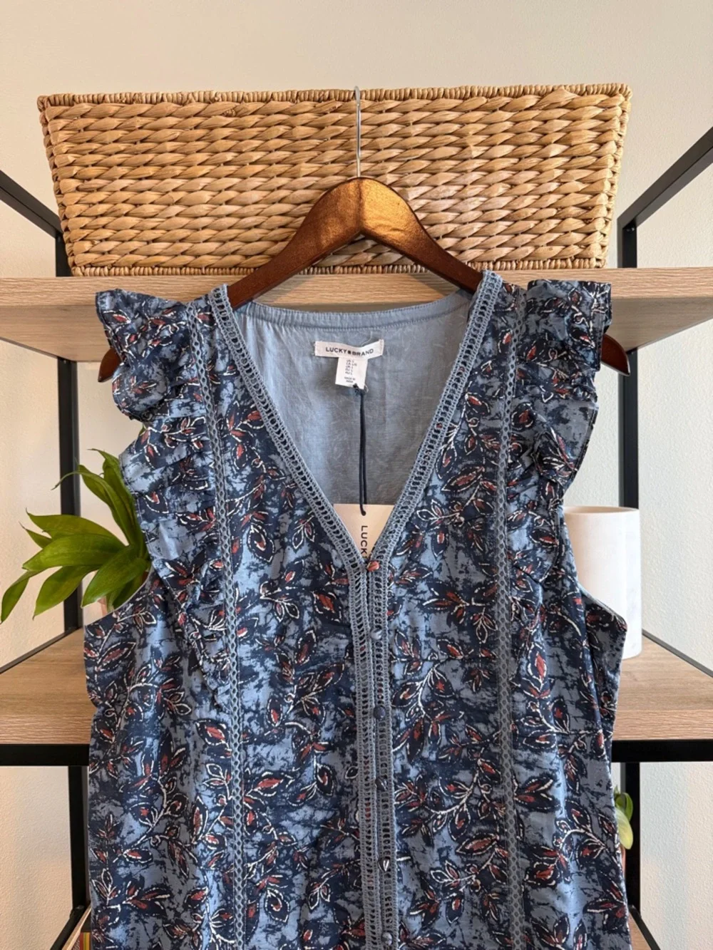 NWT Lucky Brand Cotton Blend Knee Length Woven Button Front Printed Dress, L - Picture 3 of 6